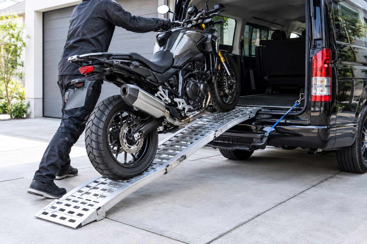 ワンボックスカーへのバイク積載に使う折りたたみ式アルミラダーレール